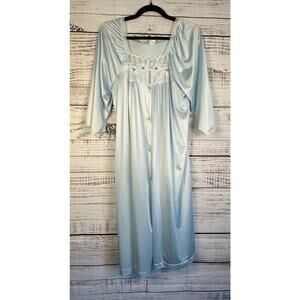 Womens VTG Texsheen Nylon Baby Blue Lace Granny Button Up Robe Nightgown USA L